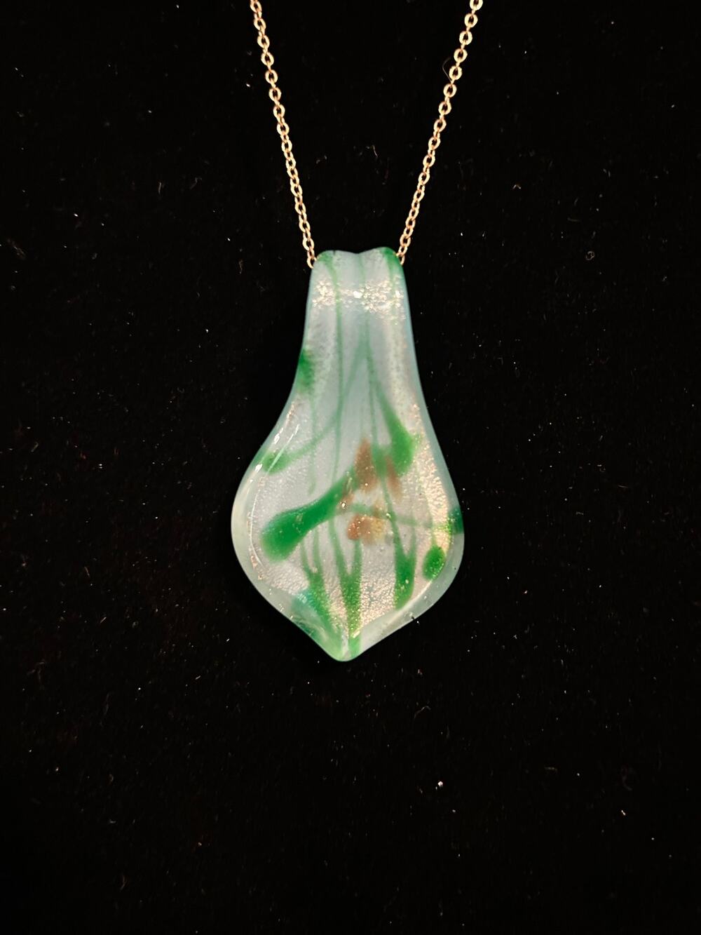 Handcrafted Artisan Glass Pendant Necklace Blue Green Gold Flecks Pearl 26"